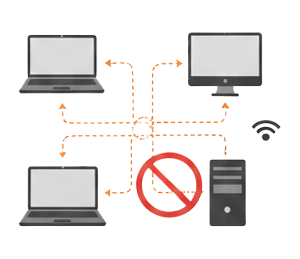 A diagram illustrating a network problem. Several devices, including laptops and a desktop computer, are shown with connection lines pointing towards a central point that is blocked by a red prohibition symbol, representing a server or router failure causing widespread connectivity loss.