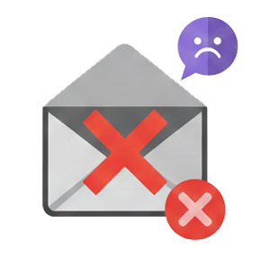 An icon illustrating a critical email failure. An open envelope is marked with a large red 'X', accompanied by a sad face emoji and another 'X' symbol, representing undelivered messages, bounced emails, and significant communication breakdowns.