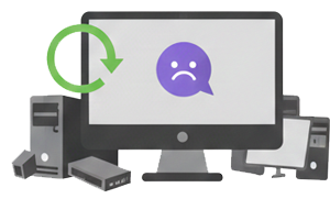 An illustration of data loss across multiple devices. A sad face appears on a computer monitor, while a green refresh arrow points from a collection of hardware—including a PC tower, external drives, and mobile devices—symbolizing the need to restore lost data from backups.