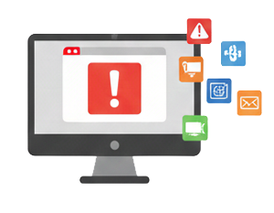A graphic showing multiple system failures on a computer. A monitor displays a large red warning sign, while various application icons for shopping, USB, camera, and video chat float nearby with their own error symbols, representing widespread software crashes and system instability.
