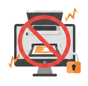 A graphic showing a printer error on a computer. A monitor displays a printer with a red prohibition sign over it, while lightning bolts indicate a malfunction and a padlock suggests a secure printing problem, representing hardware failures and access issues.