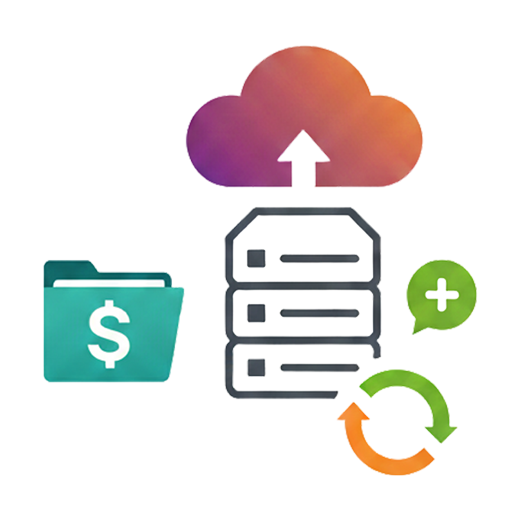 An icon symbolizing affordable cloud services. The image shows server racks uploading data to a cloud, accompanied by a folder icon with a dollar sign and symbols for addition and refresh, representing cost savings and efficiency gained through cloud server adoption.