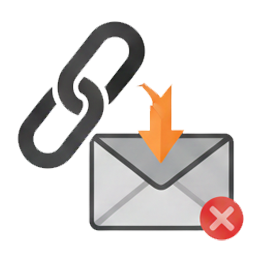 An icon representing a dangerous email link. A chain link symbol points down towards an envelope, which is marked with a red 'X', illustrating the threat of phishing emails containing malicious URLs that can compromise security when clicked.