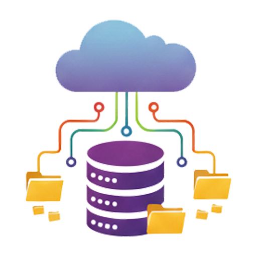 A diagram illustrating cloud-based data management. Multiple user icons are shown connecting through various pathways to a central database, which is then linked to a cloud icon, representing centralized, accessible, and managed cloud storage solutions.