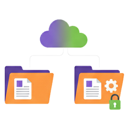 A graphic representing secure data management. Two folders containing documents are shown under a cloud icon, with one folder featuring a gear and a padlock, illustrating secure, synchronized file sharing and collaboration solutions for businesses.