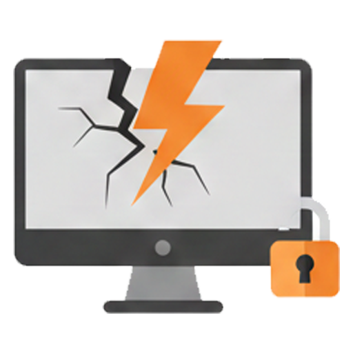 A dramatic visual representing a security breach. A computer monitor is shown with a cracked screen and a lightning bolt striking it, symbolizing a cyberattack or hack. A keyhole icon in the corner suggests compromised security and unauthorized access to sensitive data.