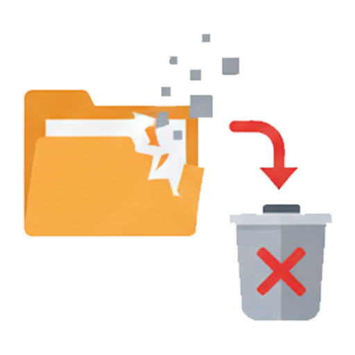 A simple icon illustrating the concept of data loss. It shows an orange file folder breaking apart, with pieces falling into a trash can marked with a red 'X', symbolizing accidental deletion or corruption of important files.