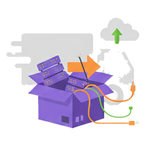 A graphic illustrating professional IT relocation services. The image depicts server equipment being carefully packed into a box with cables, while an upward arrow signifies a successful move, representing expert handling of technology during an office relocation.
