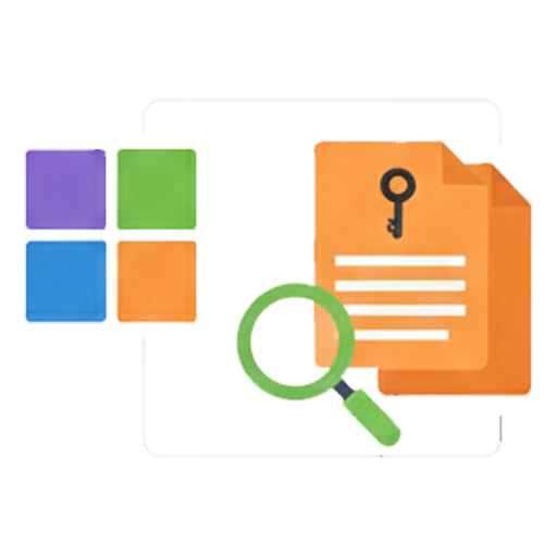 A graphic illustrating software license management. A magnifying glass examines a document with a key symbol on it, representing the process of auditing, managing, and ensuring compliance for Microsoft software licenses within an organization.