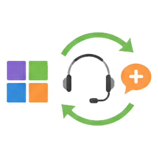 An icon symbolizing dedicated support services. A headset is encircled by green arrows, with a plus sign in a speech bubble nearby, representing responsive helpdesk support, administration, and positive outcomes for Microsoft 365 users.