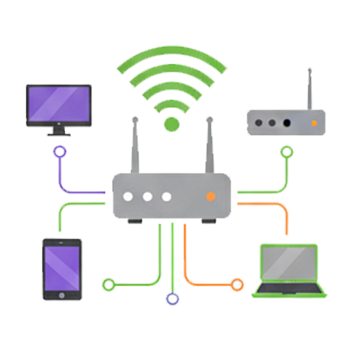 An abstract illustration of a connected office environment. The graphic shows various devices like desktops, laptops, and phones linked through a central Wi-Fi router and network switches, representing the design and implementation of a complete business network infrastructure.