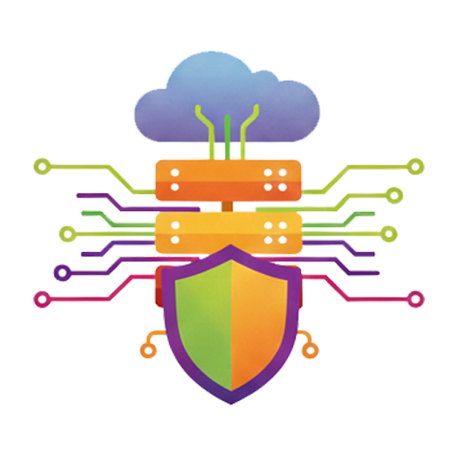 A vibrant graphic depicting protected cloud infrastructure. Servers connected to a cloud icon are shown behind a large, colorful shield, representing advanced security protocols that defend network servers and cloud-based data from cyber threats.