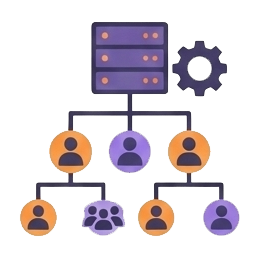 A diagrammatic icon showing a centralized server managing a network of users. Lines connect the server to various user icons, representing structured IT administration, user access management, and organized network infrastructure.