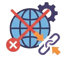 An icon illustrating network failure. A globe representing the internet is crossed out with a red 'X', and a broken chain link symbolizes lost connectivity, visualizing the kind of network issues that require professional IT troubleshooting.