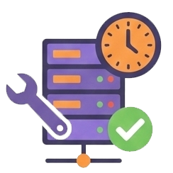 A graphic icon for server maintenance and reliability. The image shows a server rack alongside a wrench (maintenance), a clock (uptime/efficiency), and a green checkmark, representing timely and effective IT management to ensure systems run smoothly.