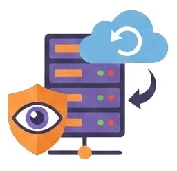 An icon representing managed IT services for servers. It depicts a server rack being protected by a shield with an eye (monitoring) while data is simultaneously backed up to a cloud, highlighting proactive security and disaster recovery solutions.