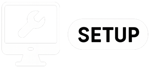 A simple line-art icon for technical setup. The graphic shows a computer monitor with a wrench symbol on its screen, placed next to a button with the word "SETUP," representing professional installation and configuration of hardware and software.