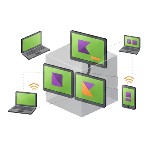 A graphic depicting a virtualized computing environment. Multiple laptops and monitors are shown connecting wirelessly to centralized virtual desktops, illustrating remote access solutions and virtual desktop infrastructure (VDI) for flexible work arrangements.