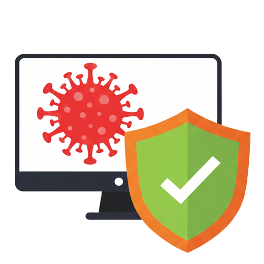 A graphic icon illustrating antivirus protection. A computer monitor displays a red virus symbol, which is being blocked by a large green shield with a white checkmark in the foreground, representing effective security against malware and cyber threats.