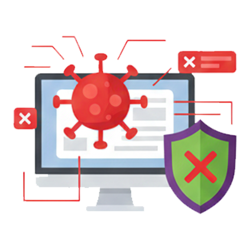 A graphic icon representing a security breach. A computer screen is shown infected with a red virus, while a shield in the foreground is also marked with a red 'X', indicating that the system's defenses have failed against a malware attack.