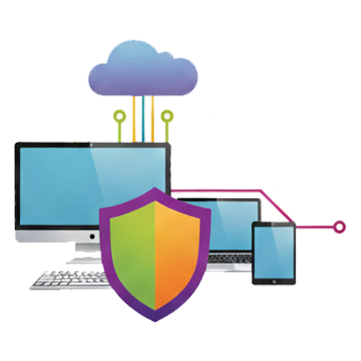 An illustration of a secure multi-device workspace. A desktop computer, laptop, and tablet are shown in an office setting, all protected by a large shield in the foreground and connected to a secure cloud, representing endpoint security for all business workstations.